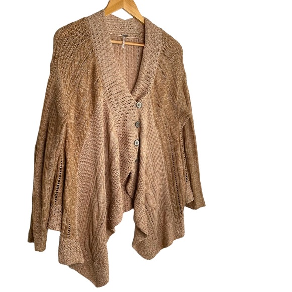 Free People Tan Loose Cable Knit Shawl Collar Cardigan Size XS - Picture 2 of 8